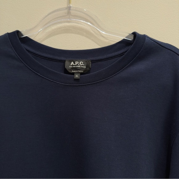 A.P.C. Navy Crewneck Sweatshirt w/ Brown Leather Elbow Patches Minimalist XL - Picture 7 of 8